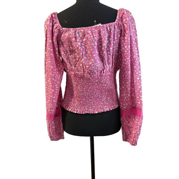 AE  Women M Smocked Lace Cotton Milkmaid Top Cottage Peasant Barbie Festival Y2K - Picture 6 of 9